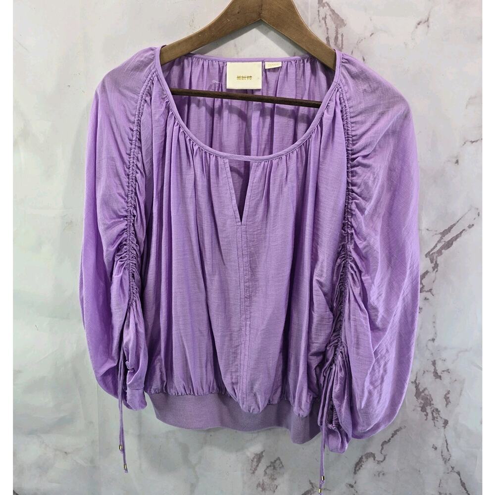 Anthropologie Shirt Womens XS Purple Blouse Peasant Maeve Tied Ruched Calluna